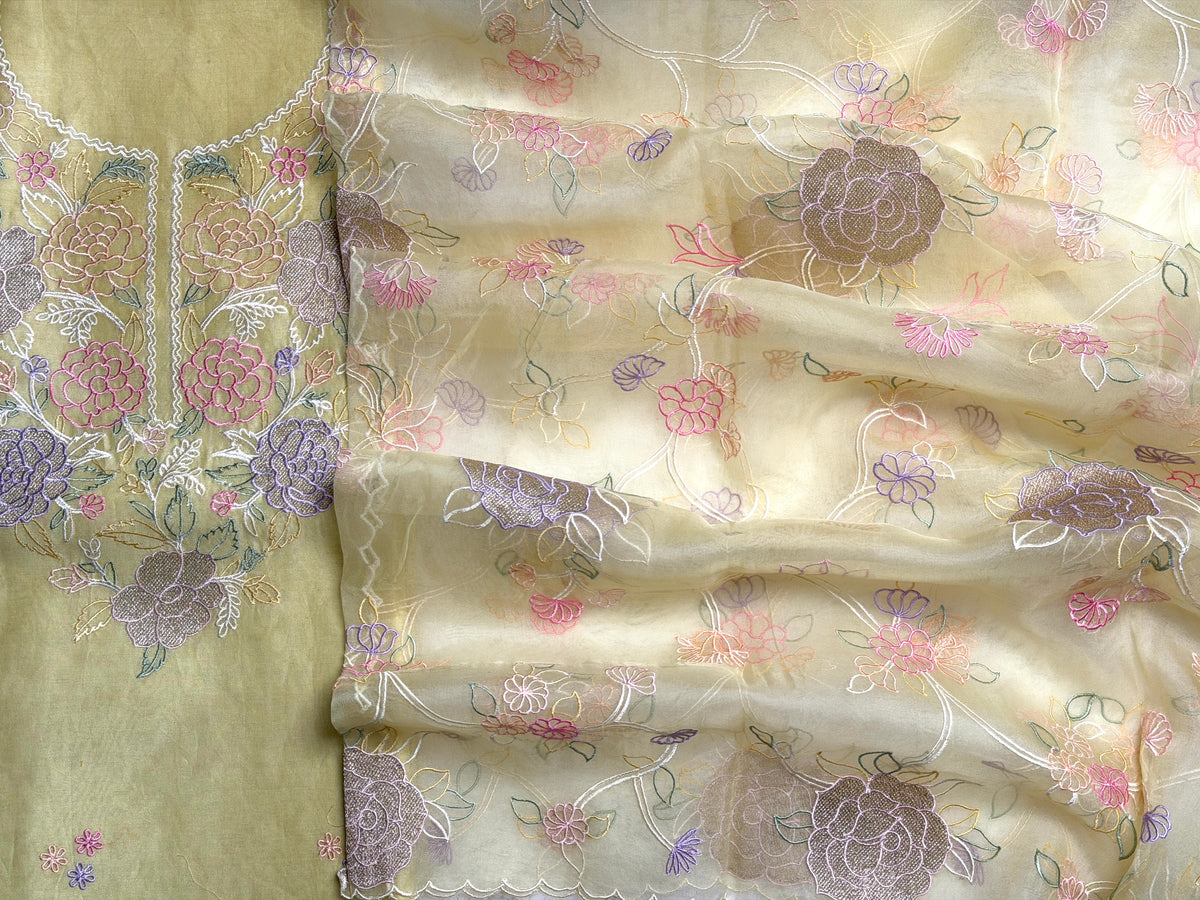 Yellow Gold Chanderi- 3 Piece Suit Set