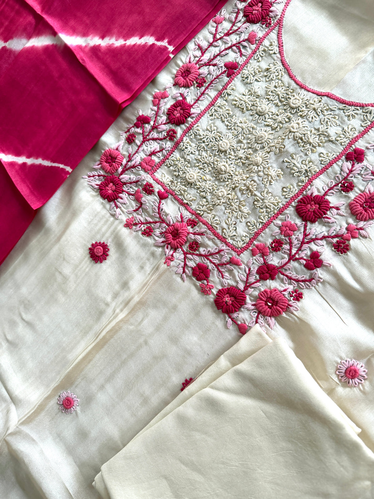 Pure Silk White French Knot-3 Piece Suit Set