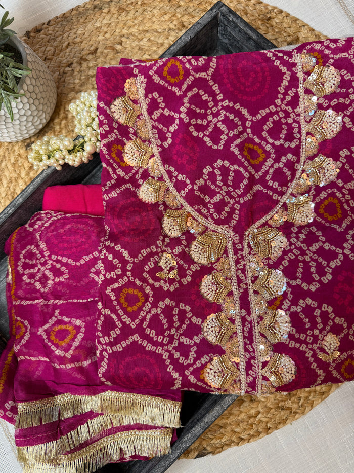 Pink Gulmohar Bandhani-3 Piece Suit Set