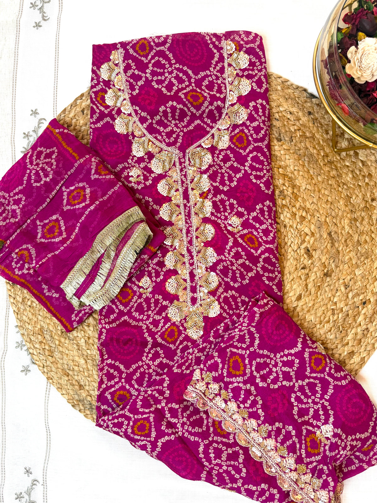Pink Gulmohar Bandhani-3 Piece Suit Set
