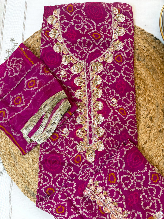 Pink Gulmohar Bandhani-3 Piece Suit Set