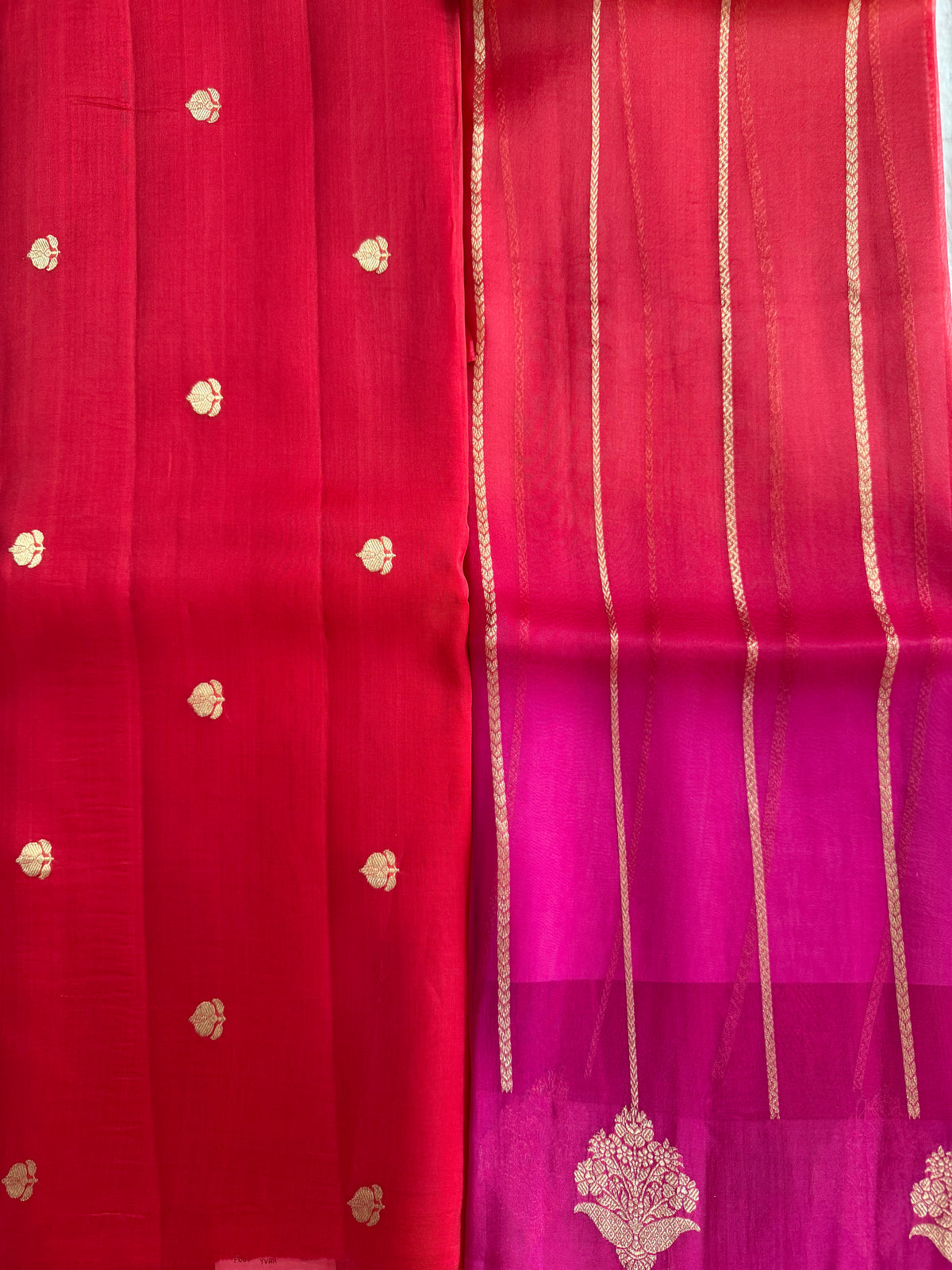 Red and pink fabric with gold patterns