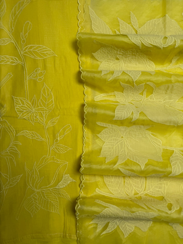 Lime Yellow Chanderi- 3 Piece Suit Set